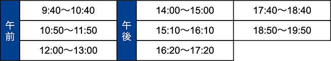 授業時間のタイムテーブルの図。午前は9:40〜10:40、10:50〜11:50、12:00〜13:00。午後は14:00〜15:00、15:10〜16:10、16:20〜17:20、17:40〜18:40、18:50〜19:50